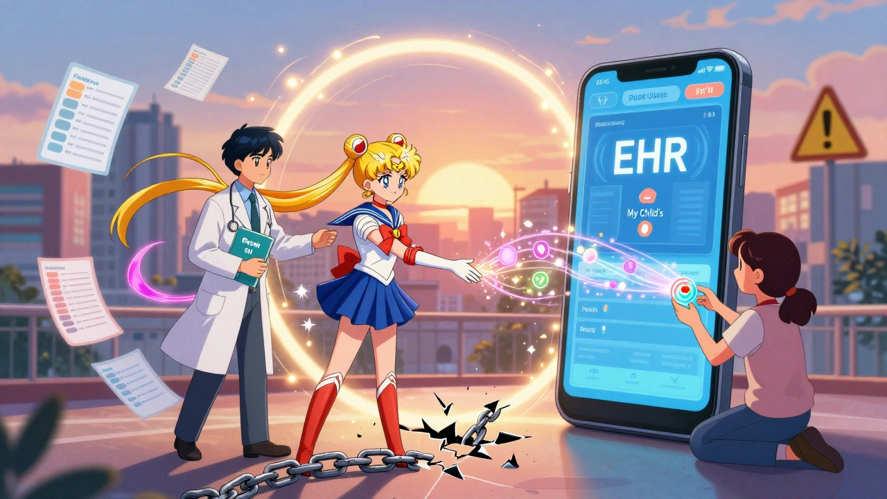 Doctor and parent reaching through a glowing portal to connect hospital and home medication systems