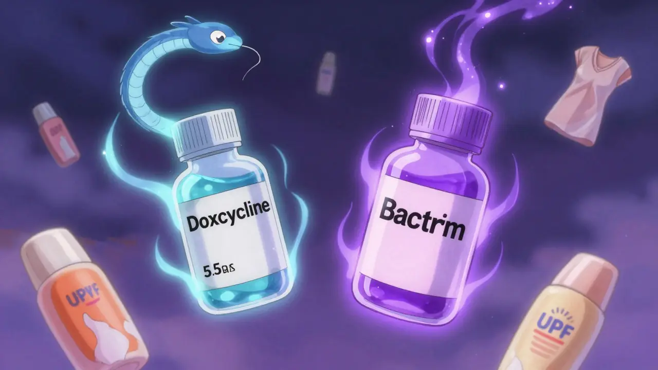 Doxycycline and Bactrim bottles emitting UV energy tendrils, with fading and lingering light effects in magical girl anime style.