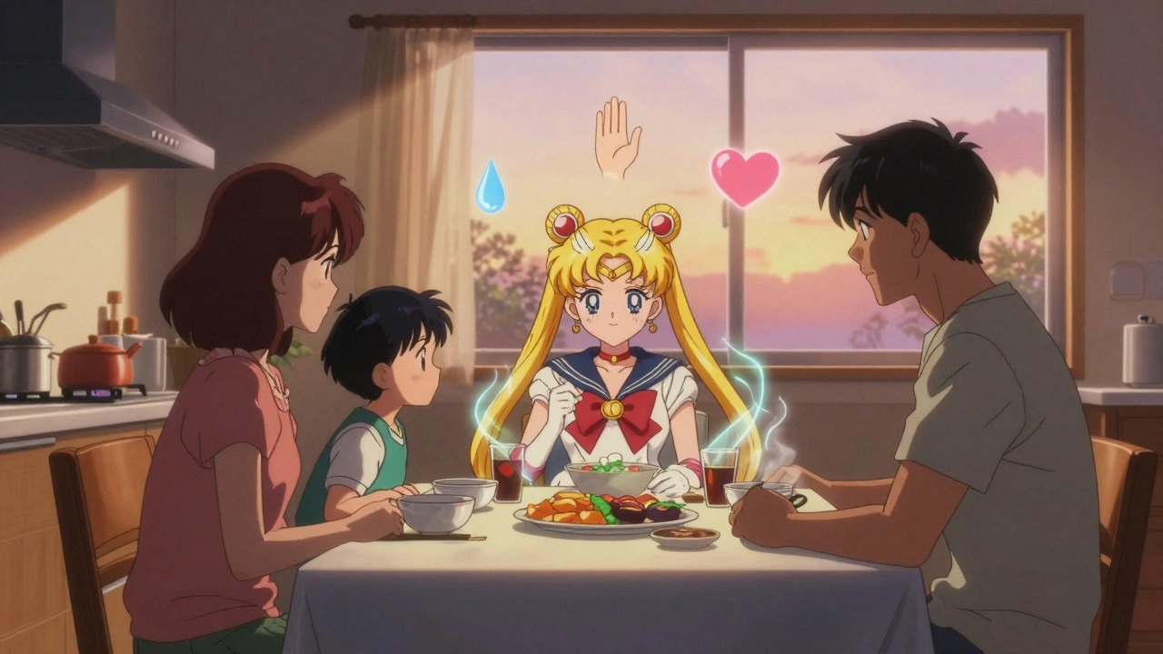 Family sharing a quiet meal at dusk, no phones, with healing auras glowing above them, anime style.