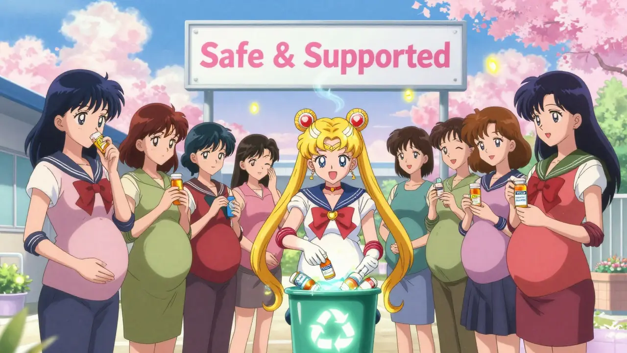 Group of pregnant women tossing NSAID bottles into a heart-shaped bin while acetaminophen bottles glow like fireflies.