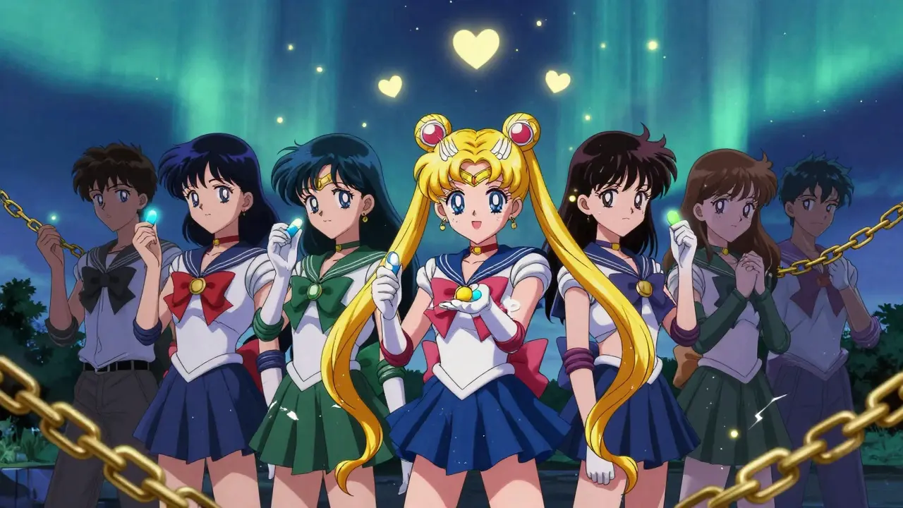 Group of teens under aurora sky holding glowing pills, chains of stigma breaking as hearts rise like fireflies.