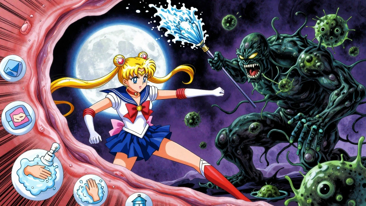 Heroic nasal lining battling green infection monster with saline lance