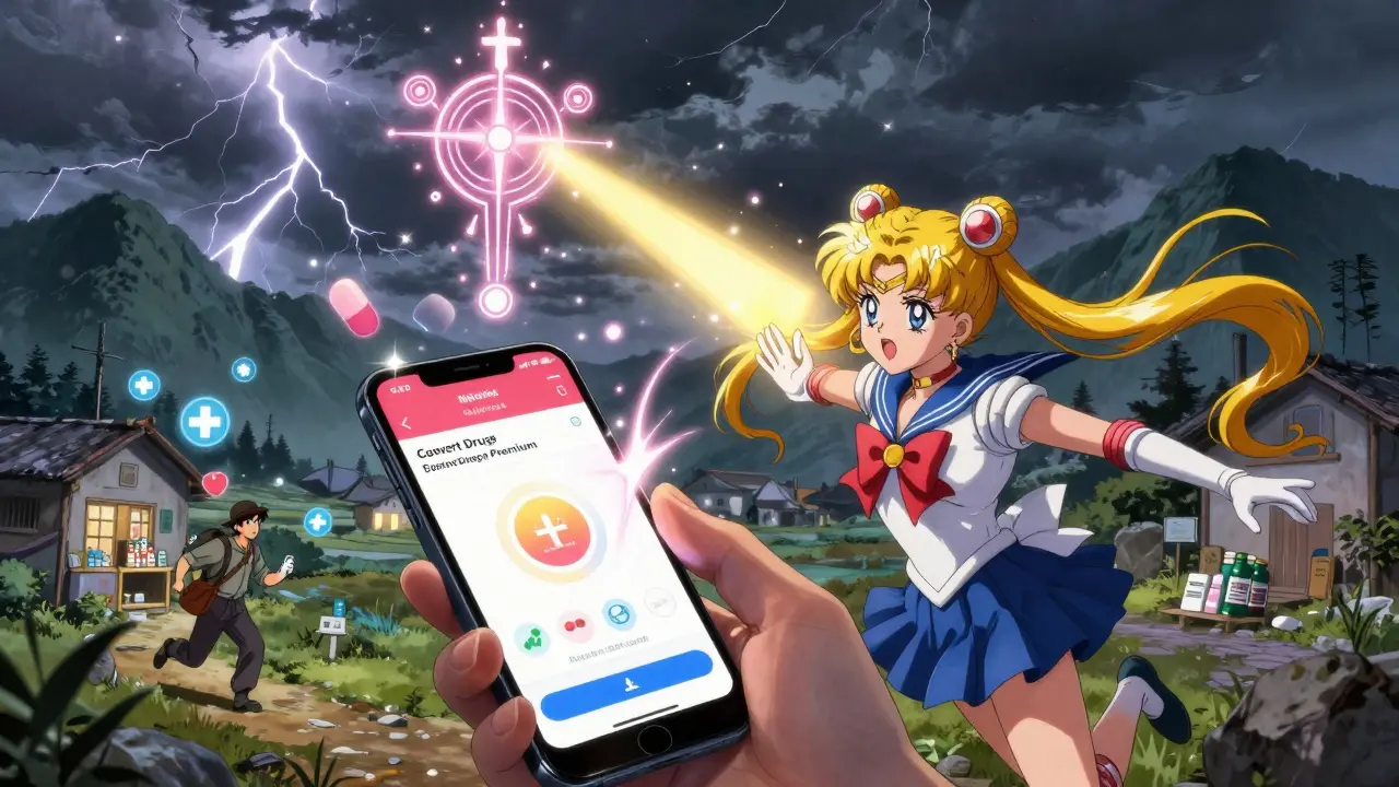 Magic app translation guides a traveler to a clinic during a storm in a rural village.