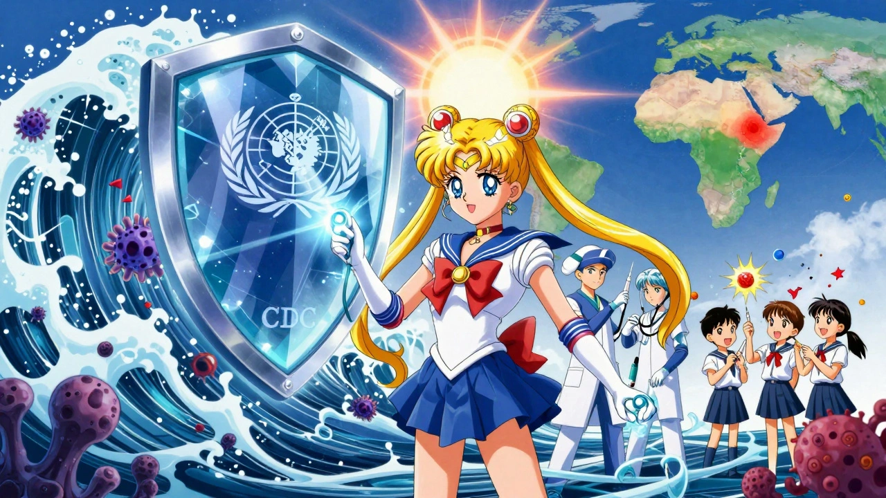 Medical heroes blocking disease spores with a light shield, children receiving vaccines, and a rising sun over a changing world map.