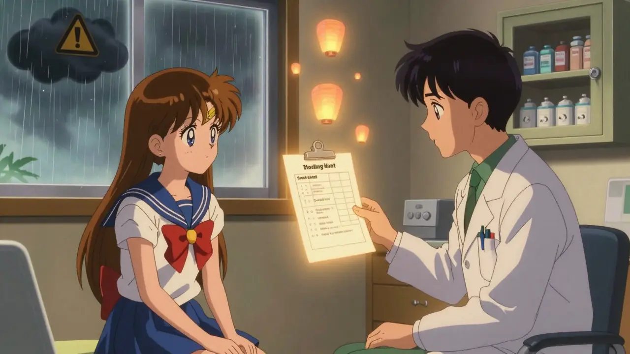 Mother, teen, and doctor in clinic with floating monitoring steps as glowing lanterns, warm light illuminating their faces.