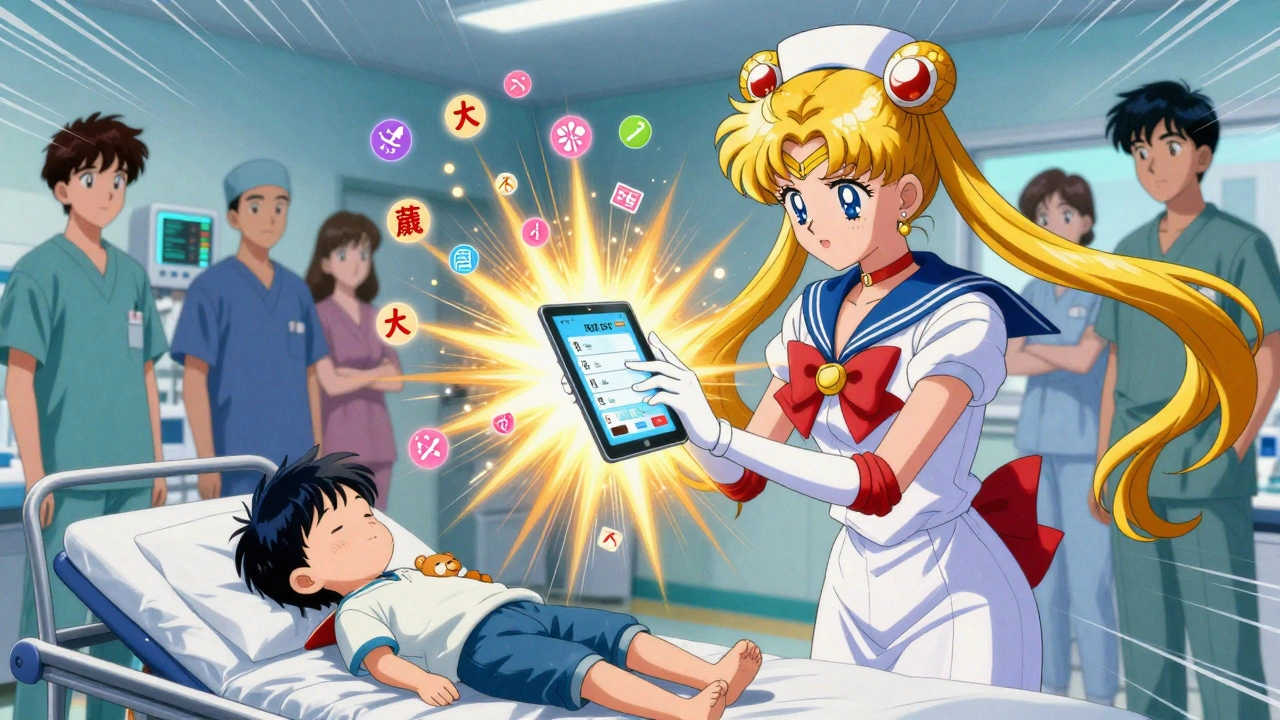 Nurse using a tablet in an emergency room with magical dose calculations shining from the screen