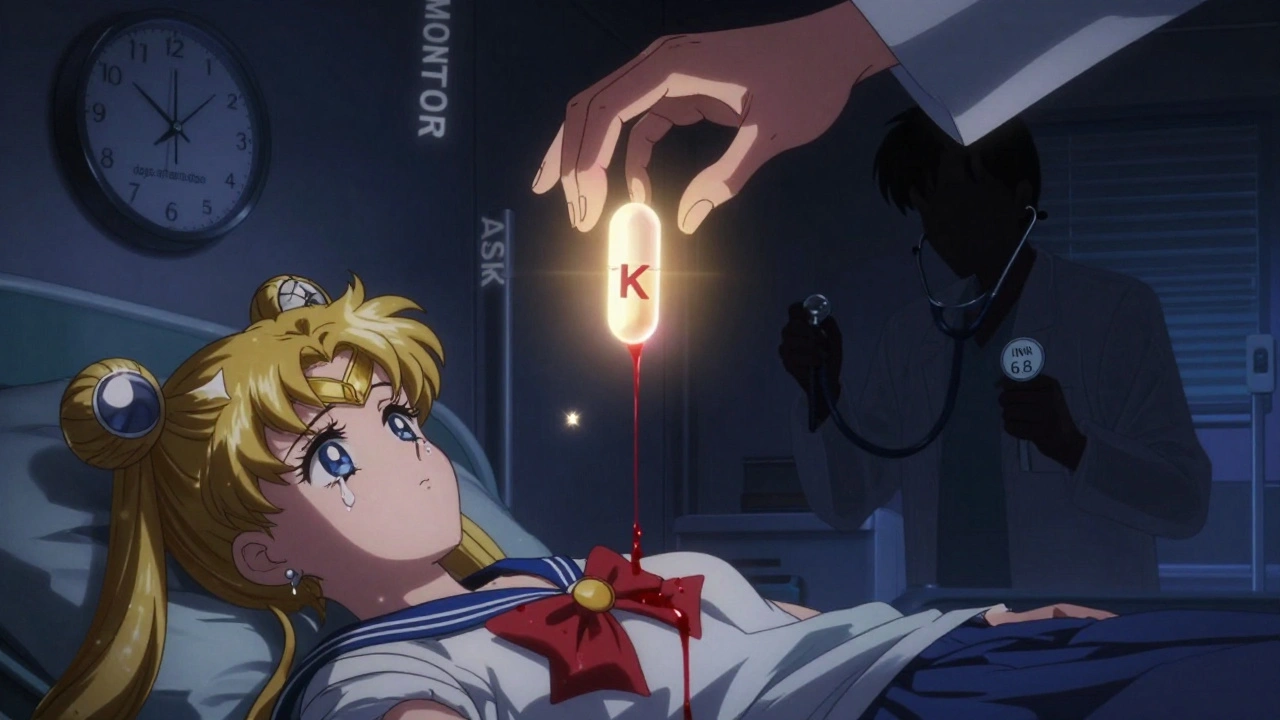 Patient collapsing with blood droplets as vitamin K descends from above, INR 6.8 displayed, anime drama style.