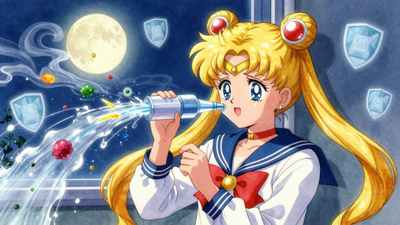 Person using neti pot under moonlight, flushing out colorful allergens