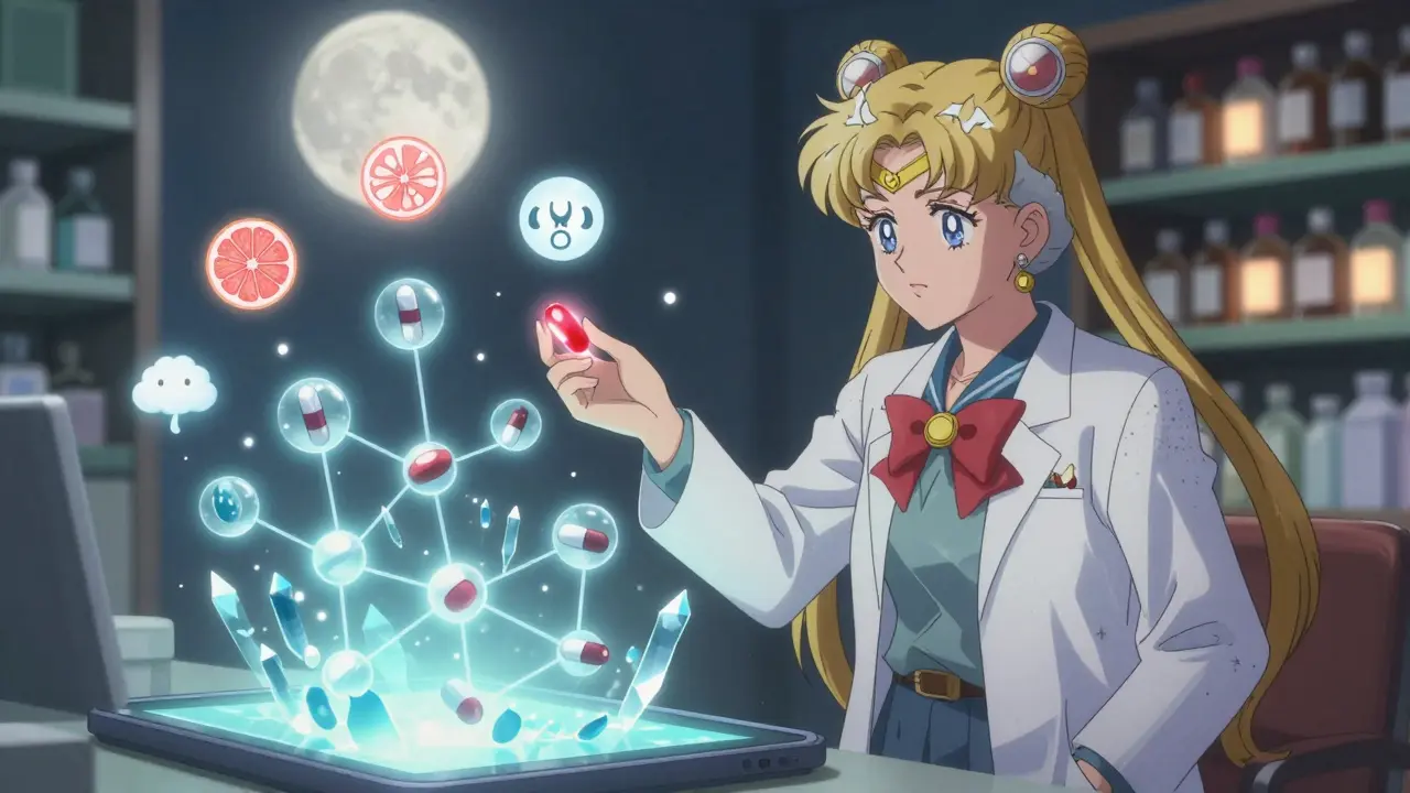 Pharmacist using crystal tablet to remove a dangerous drug among glowing pills.