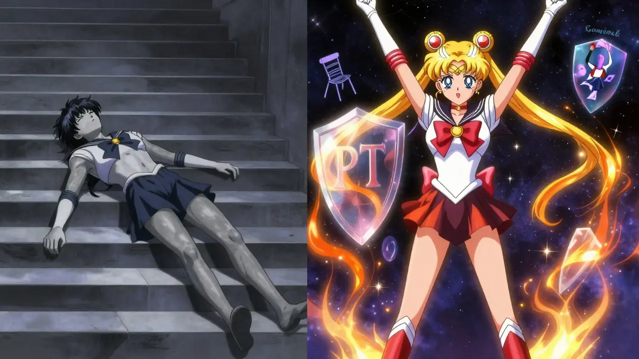 Side-by-side image of muscle decline vs. recovery, with glowing energy and protective PT shield in anime style.