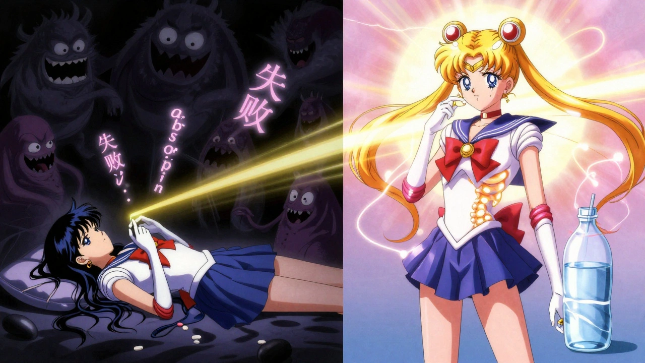 Split scene: dark shadows consume a pill when lying down, but golden light powers bones when standing upright at dawn.