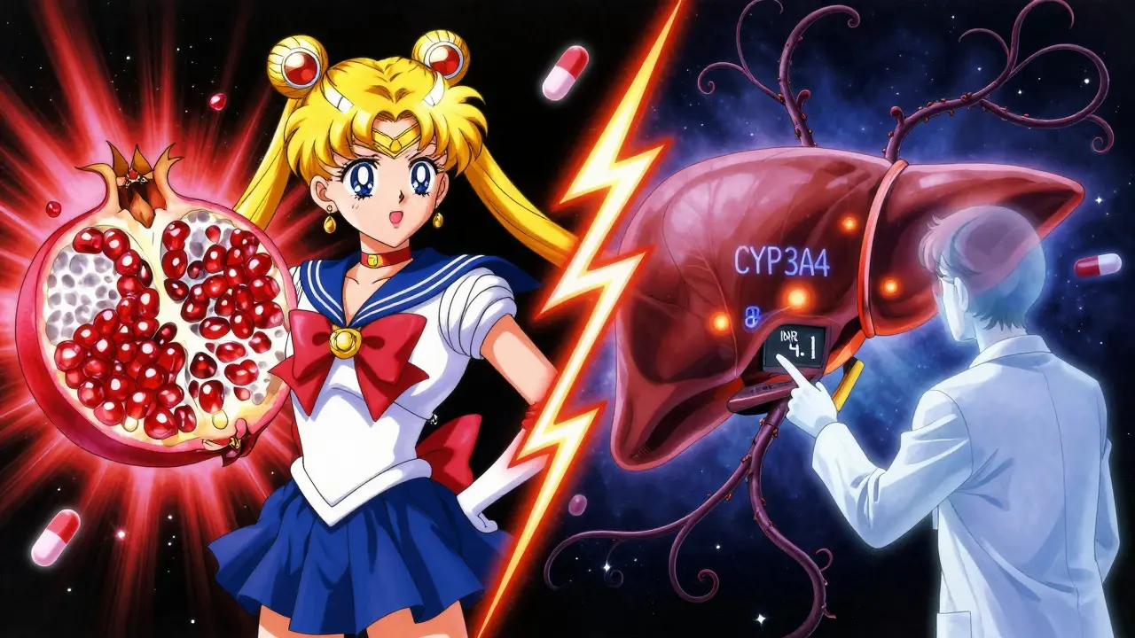 Split scene of a pomegranate bursting with seeds and a liver with dimming enzymes, warning INR level in anime style.