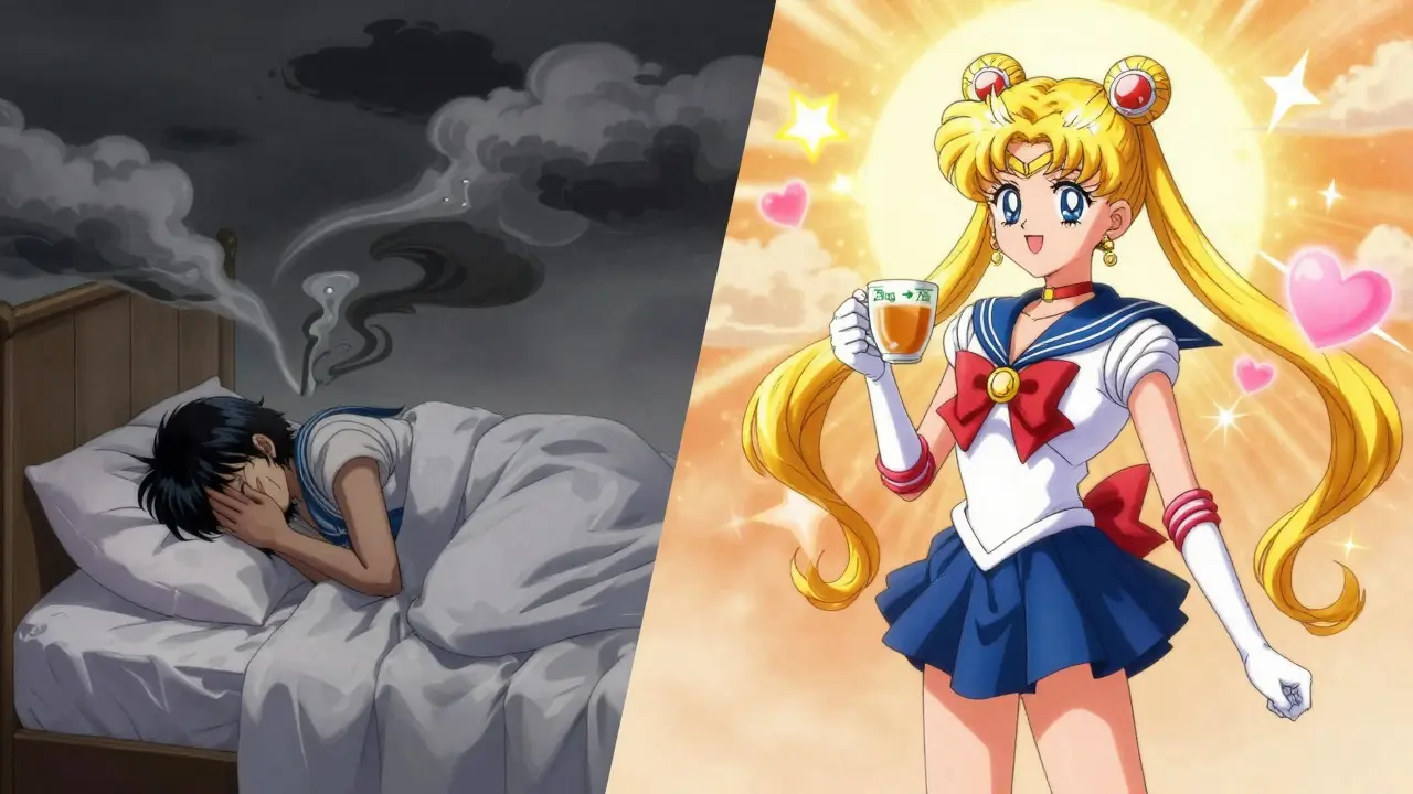 Split scene showing transformation from illness to recovery with ginger tea and rising sun in anime style.