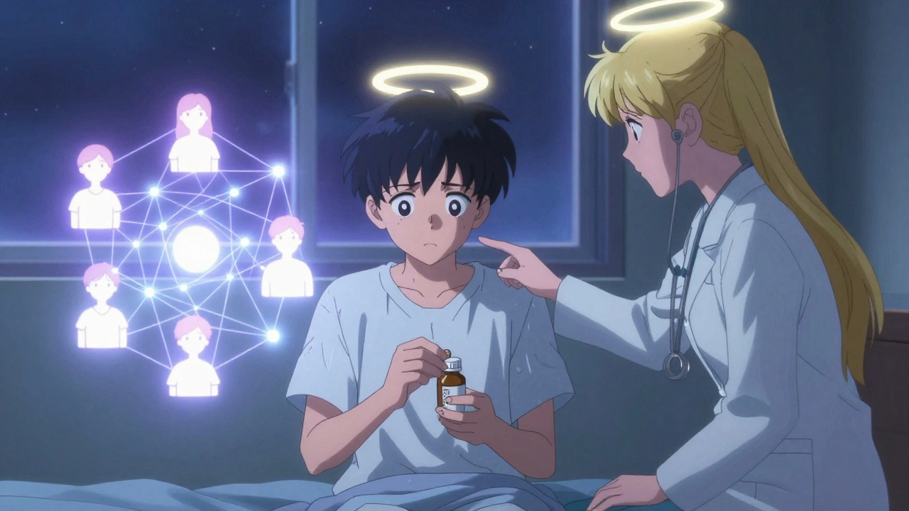Teen holding medication as a glowing therapist shows family bonds in shimmering light, anime style.