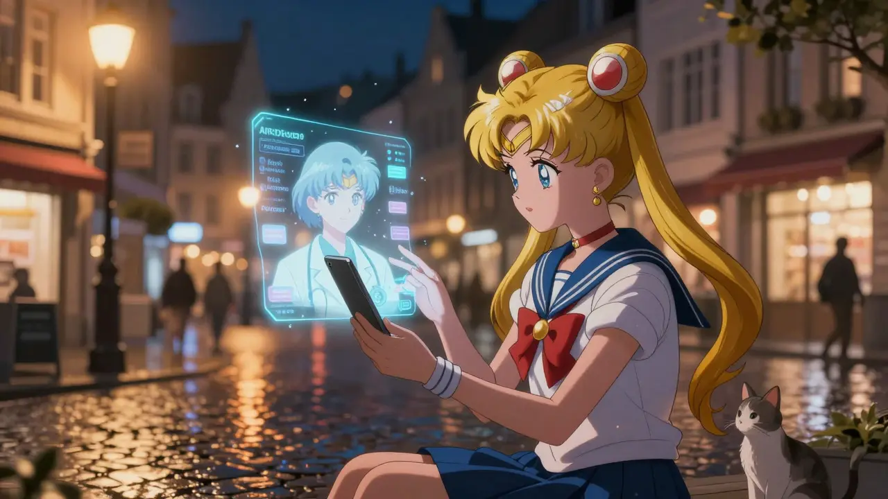 Teenager video-calling a doctor via hologram in a cozy European square at night.