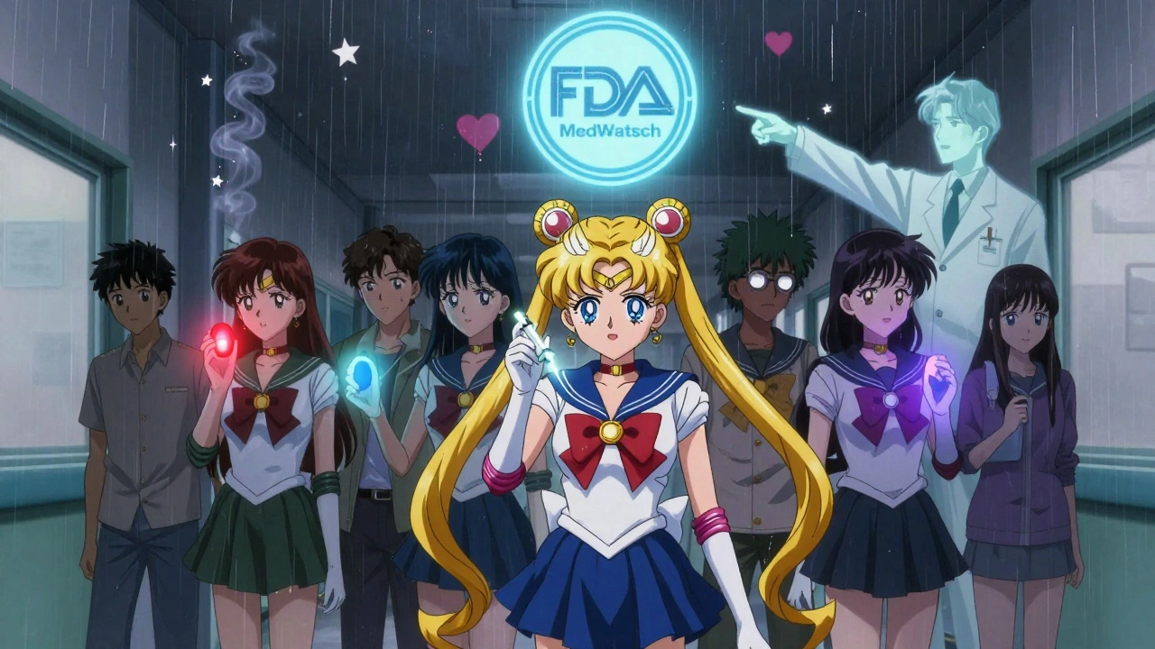 Teens hold glowing counterfeit pills in a hospital hallway as a pharmacist points to a warning logo.