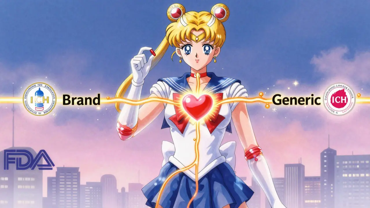 Transparent human body with identical drug pathways merging into a heart, symbolizing generic drug equivalence.