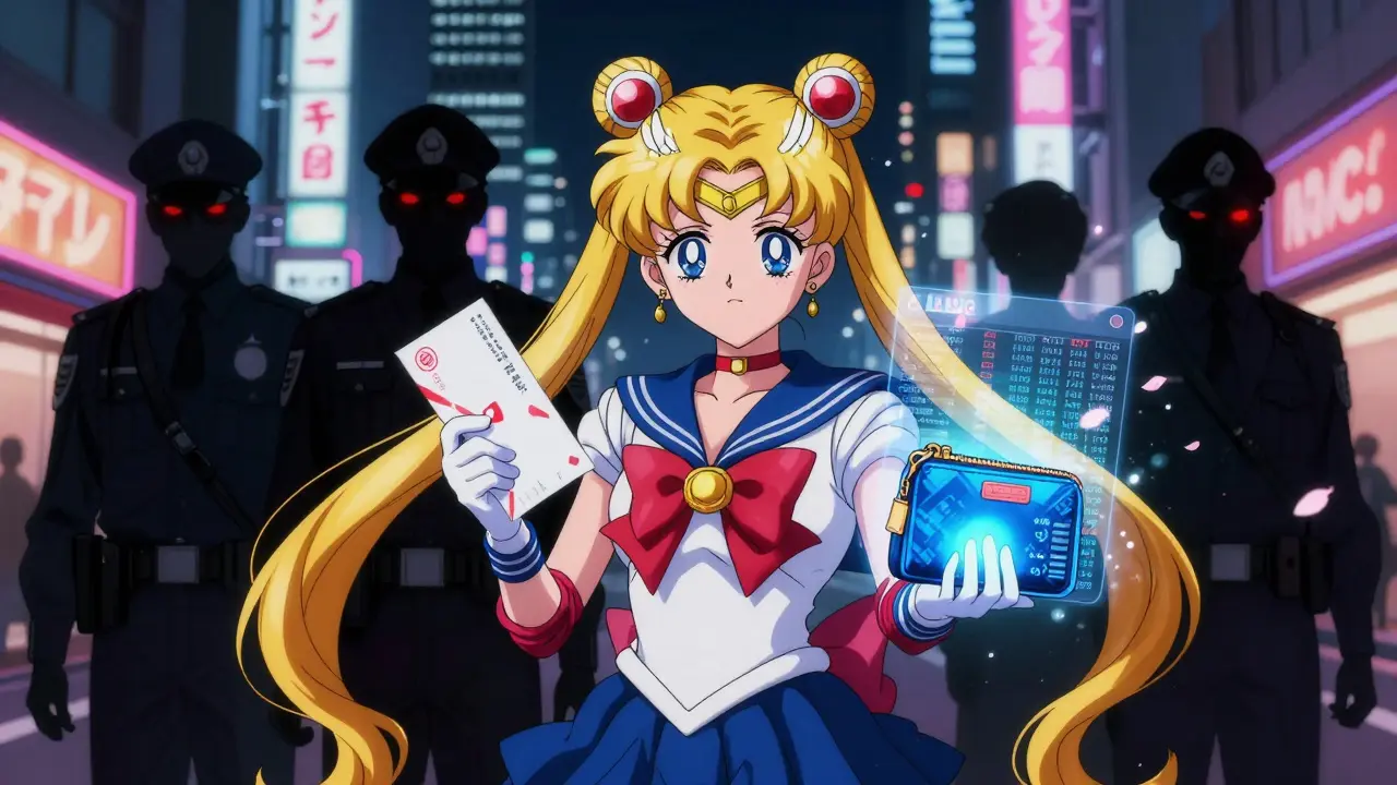 Traveler in Tokyo night with cooling wallet and translated prescription, shadowy customs figures behind her.