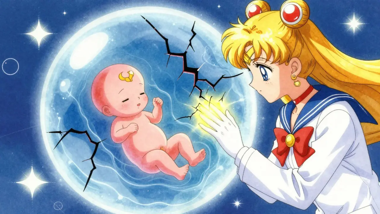 Ultrasound of a fetus in amniotic fluid with golden light repairing cracks caused by NSAIDs.