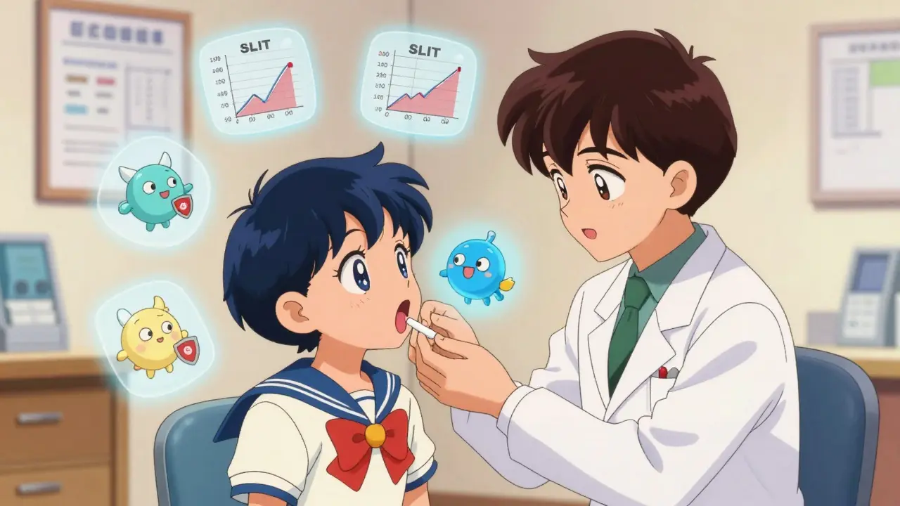 A doctor helps a child take an SLIT tablet, with friendly immune cells and animated medical charts in the background.