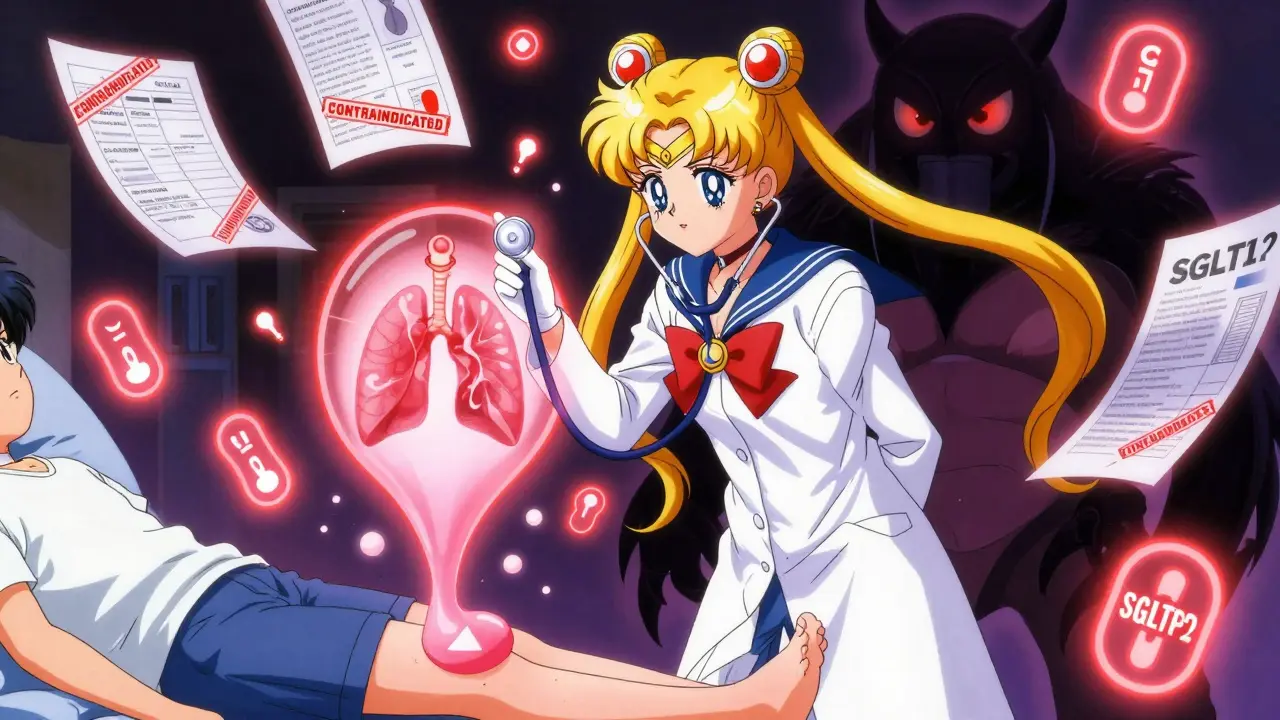 A doctor using a stethoscope to reveal fluid buildup, with a shadowy bladder monster looming as safer drug symbols shine nearby.