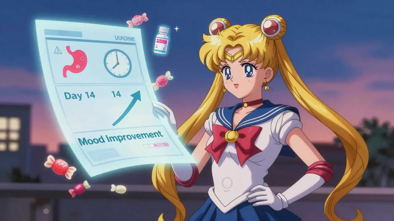 A floating medical chart with icons showing nausea fading over time, beside ginger candies and medication, in a hopeful setting.