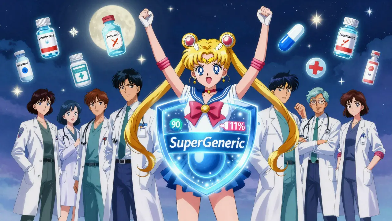 A medical team stands beside a glowing 'SuperGeneric' pill with a safety shield, while patients with drug symbols float peacefully under a starry sky.