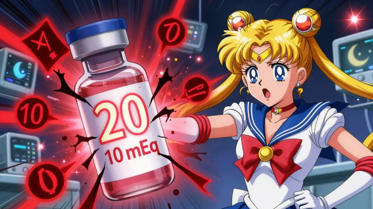 A mislabeled medicine vial with glowing numbers cracking as a nurse reacts in horror.