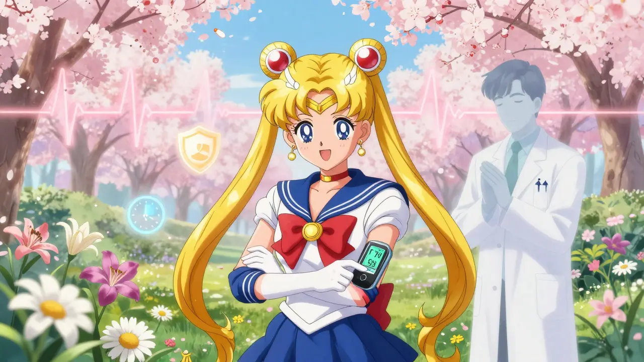 A patient checking a wrist device with floating medical flowers and a supportive doctor silhouette in the background.