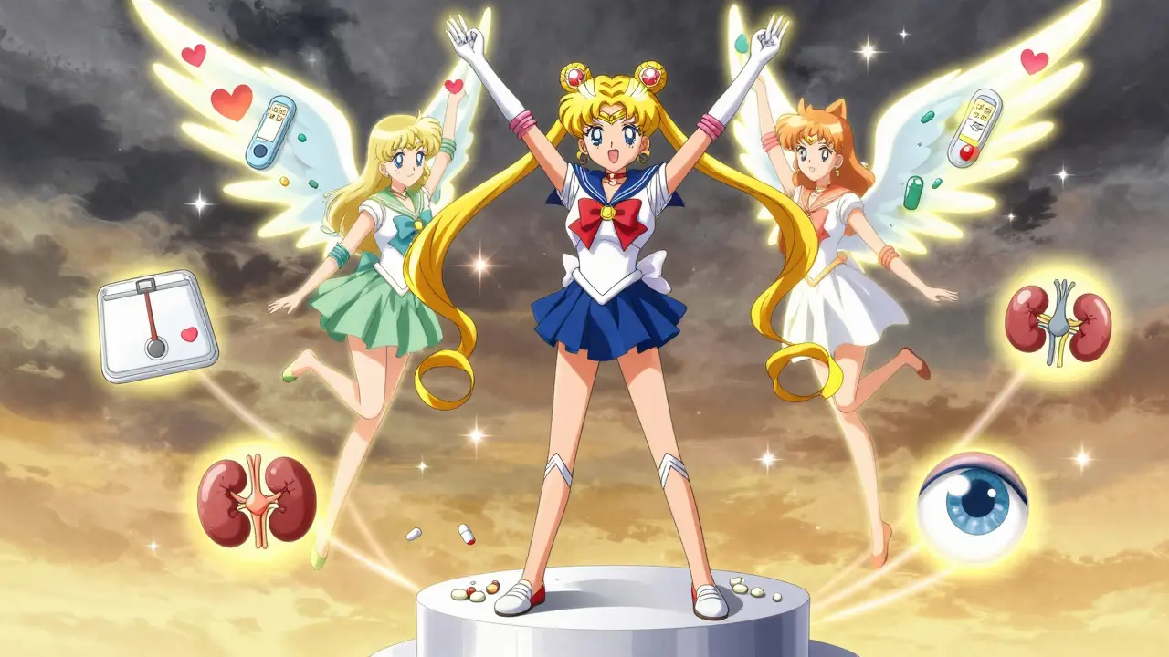 A patient standing tall over discarded pills, illuminated by healing fairy lights from SGLT2 and GLP-1 agonist protectors in anime style.