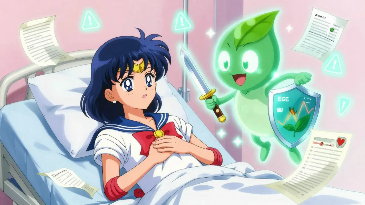 A patient with a racing heart monitor is haunted by a mischievous green tea spirit in manga style.