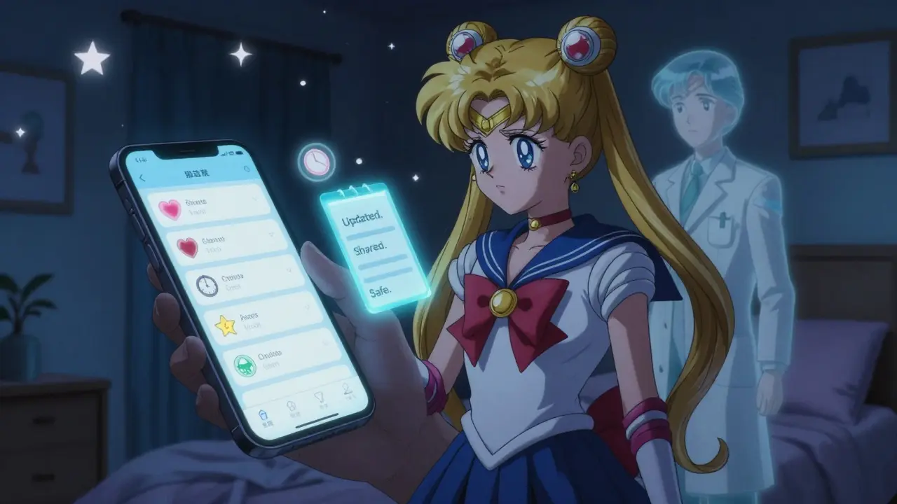A person in their bedroom is guided by a phantom pharmacist spirit as a digital medication log glows on their phone at night.