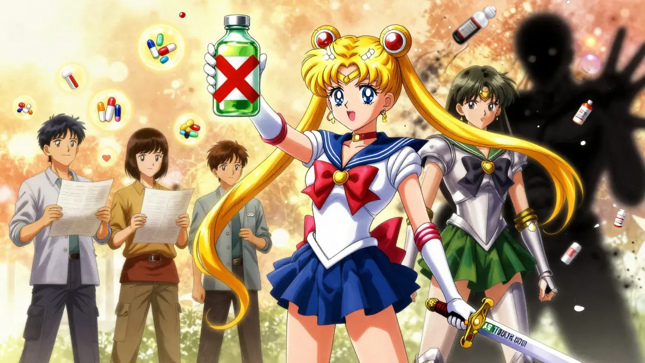 A pharmacist fights dangerous supplements with a sword labeled 'ASK YOUR DOCTOR' in anime style.