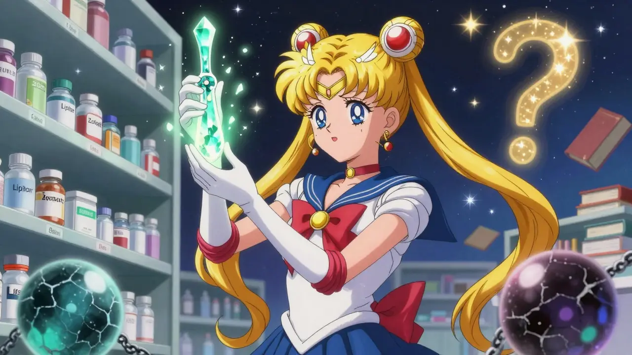 A pharmacist holding a glowing splitter beside safe and dangerous medications with glowing labels.