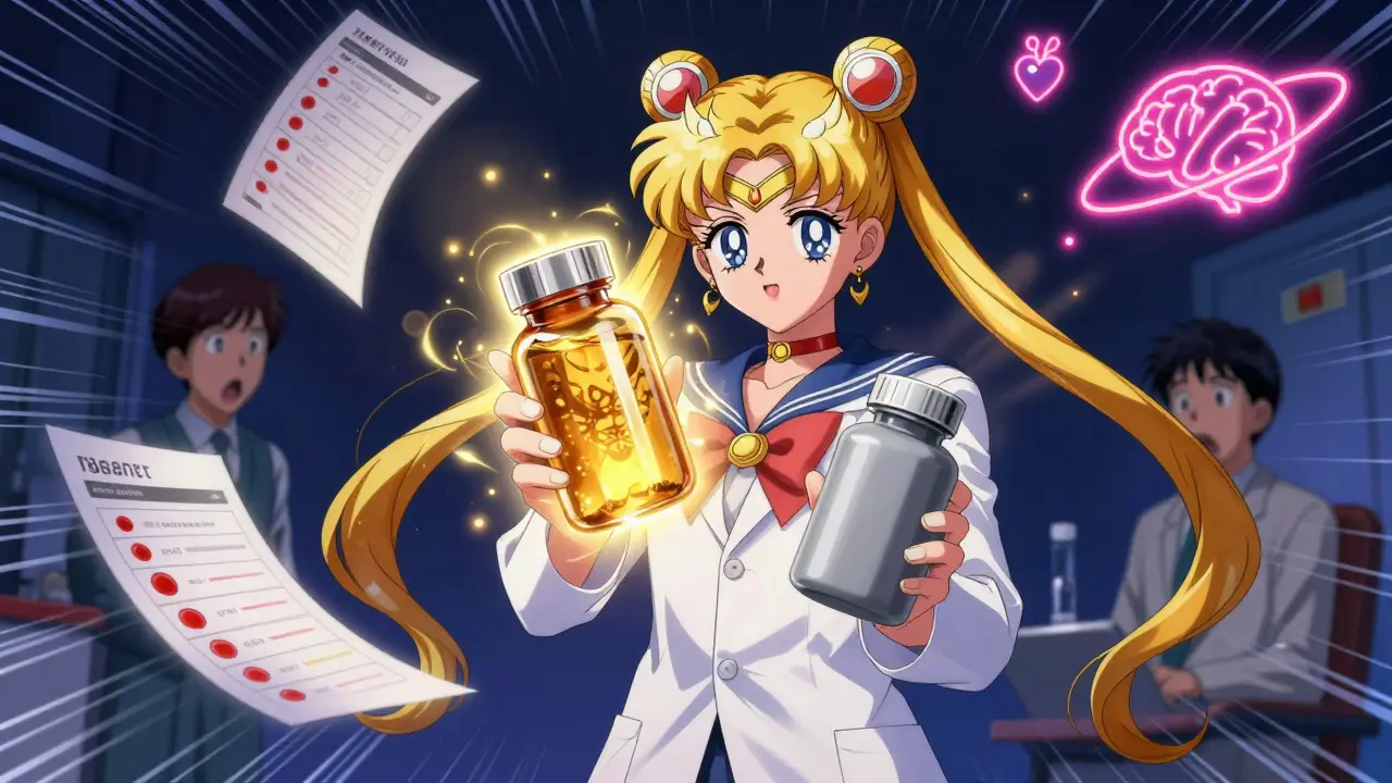 A pharmacist holding two different generic pill bottles with a glowing warning aura between them.