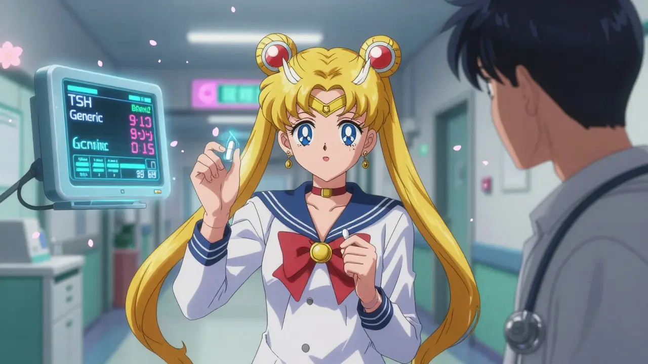 A pharmacist holds two pills—one golden, one blue—as a patient watches fluctuating drug levels in a glowing hospital hallway with cherry blossoms.