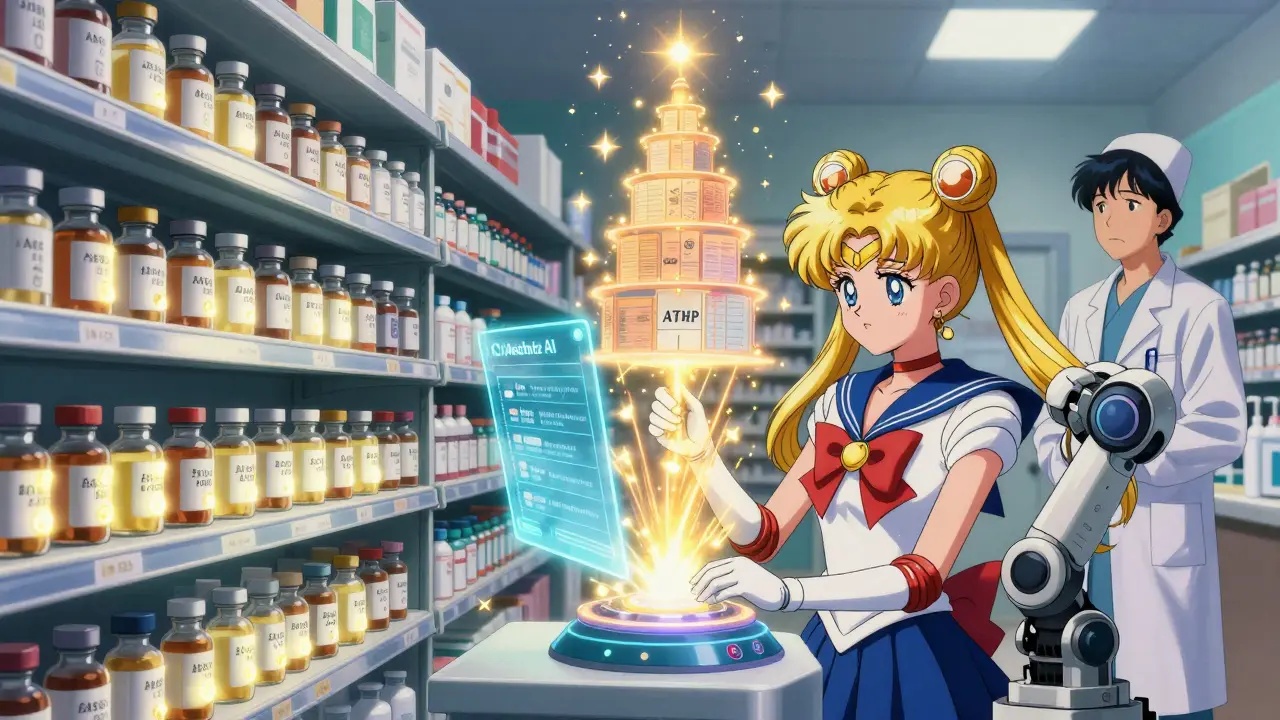 A robotic arm scans glowing medication vials as an AI projects safety recommendations onto a hologram, with an ASHP guide shining like a celestial chart.