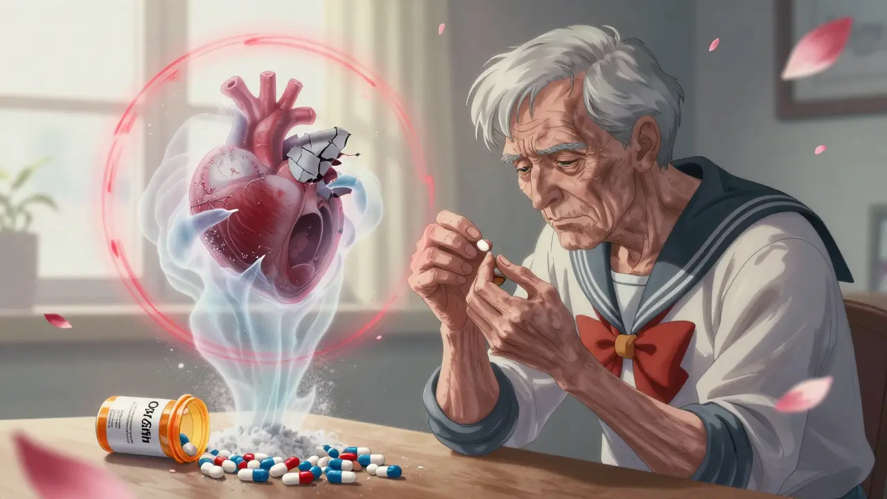 An elderly man crushing a pill as a ghostly heart and clock emerge from the powder.