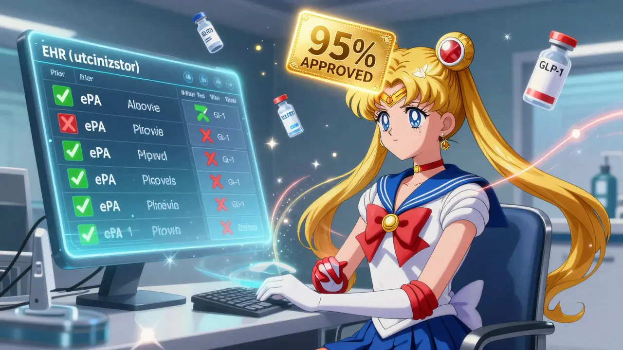Clinician with holographic PA dashboard and golden approval card, medical icons floating in anime style.