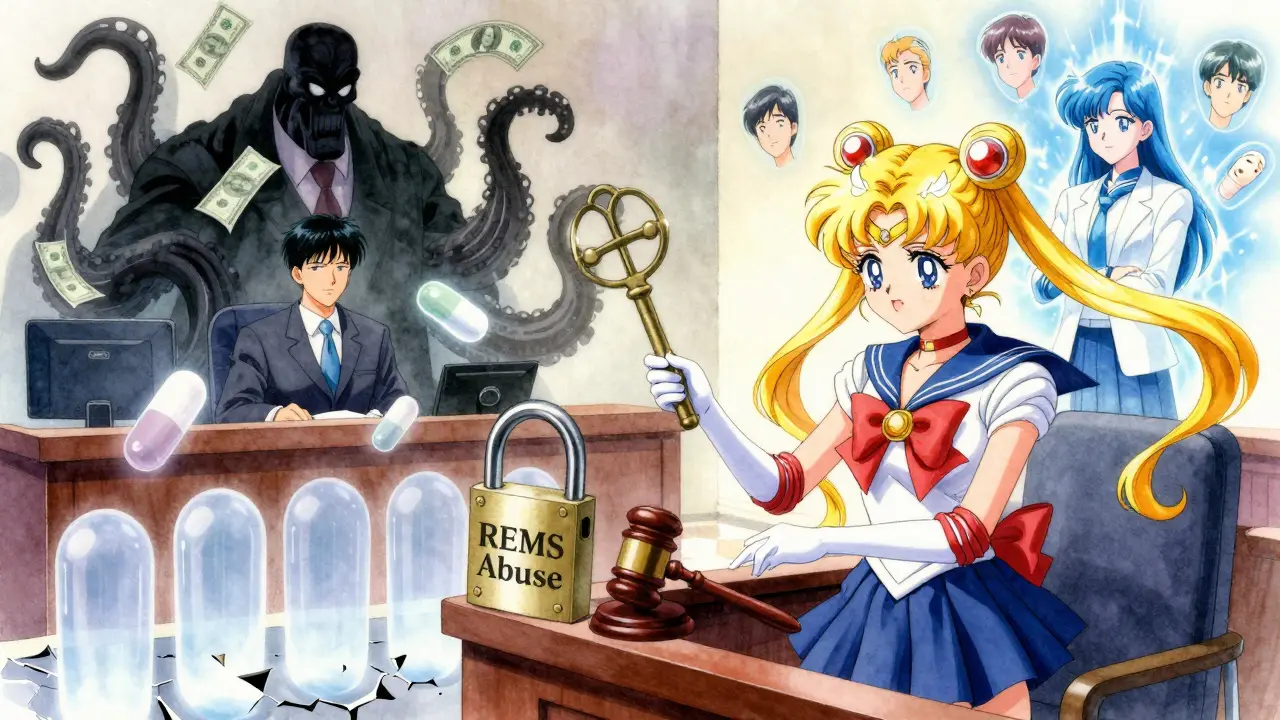 Courtroom scene with generic drugs breaking through REMS barrier, FTC agent glowing, corporate villain as shadow.