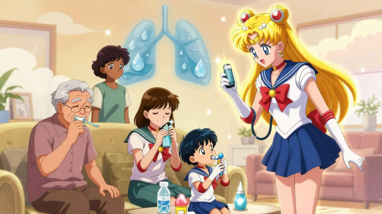 Diverse patients practicing inhaler care with glowing health symbols, guardian figure watching over them