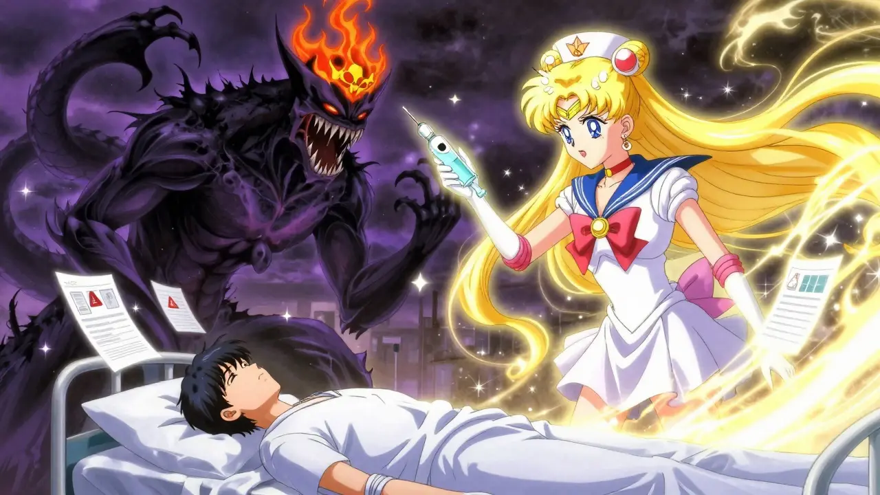 Euglycemic DKA as a dark monster battling a nurse with insulin and dextrose, floating medical symbols in stormy sky.