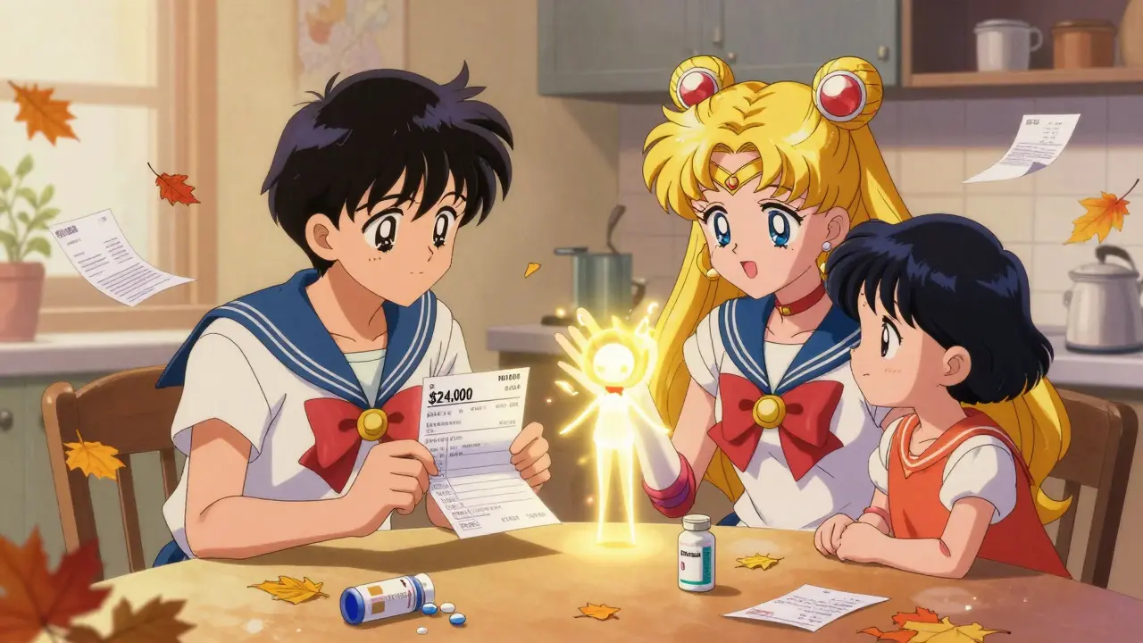 Family at table with expensive prescription as tiny original drug spirit guides emerging generic version.