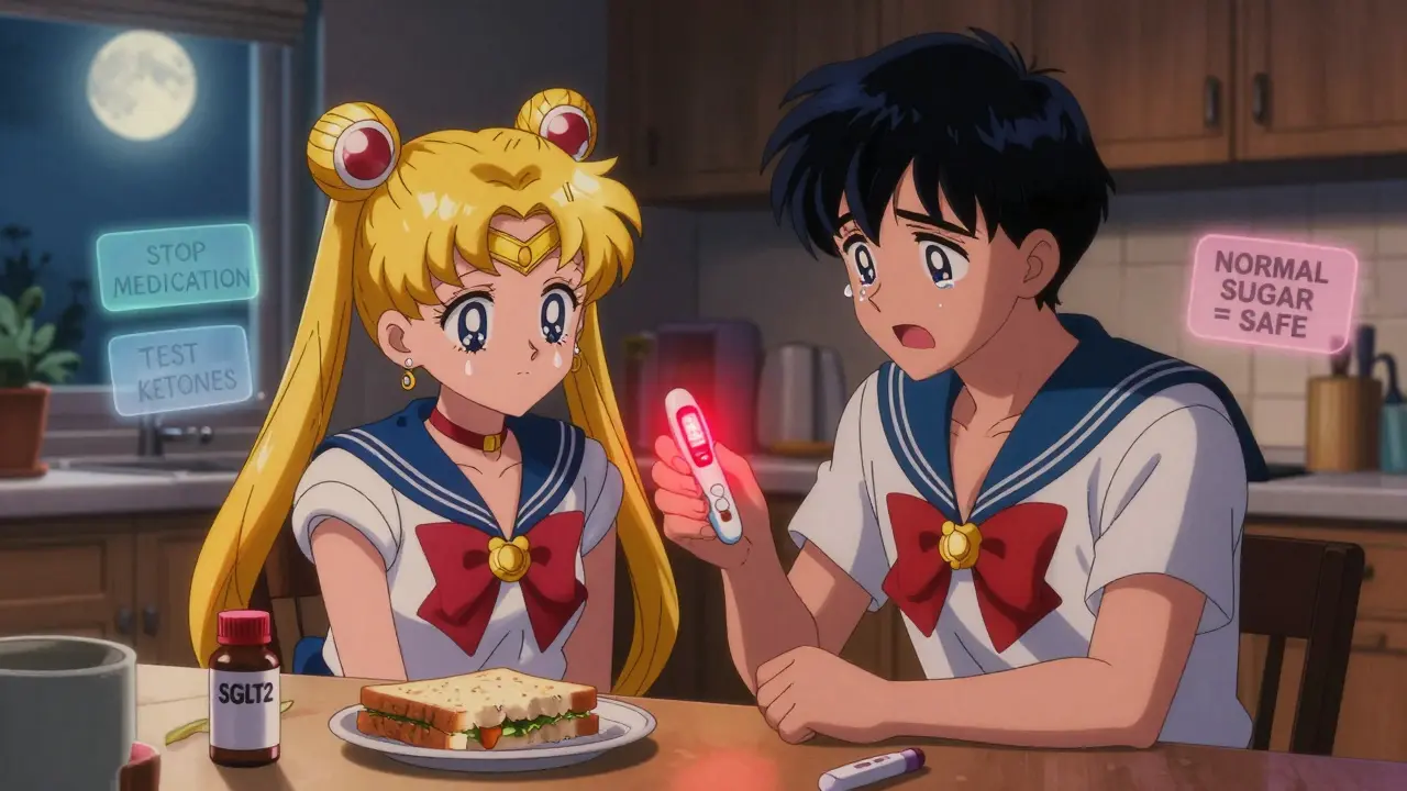 Family in kitchen at night, patient with glowing ketone alert, urgent call to 911, warning messages floating in air.