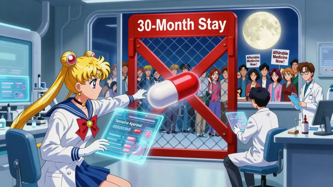 FDA lab with a generic capsule blocked by a red legal barrier, hopeful patients outside under a rising moon, holograms showing tentative approval.