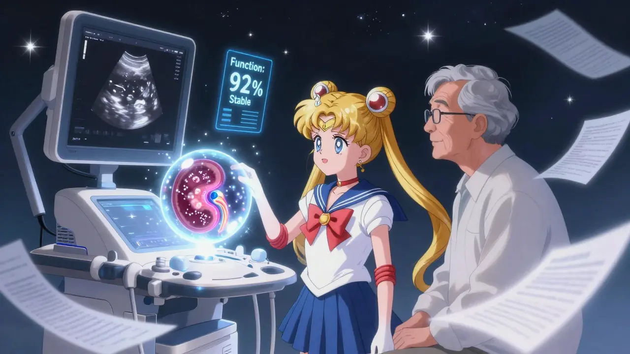 Futuristic AI ultrasound revealing glowing nephrons inside kidneys under magical light.