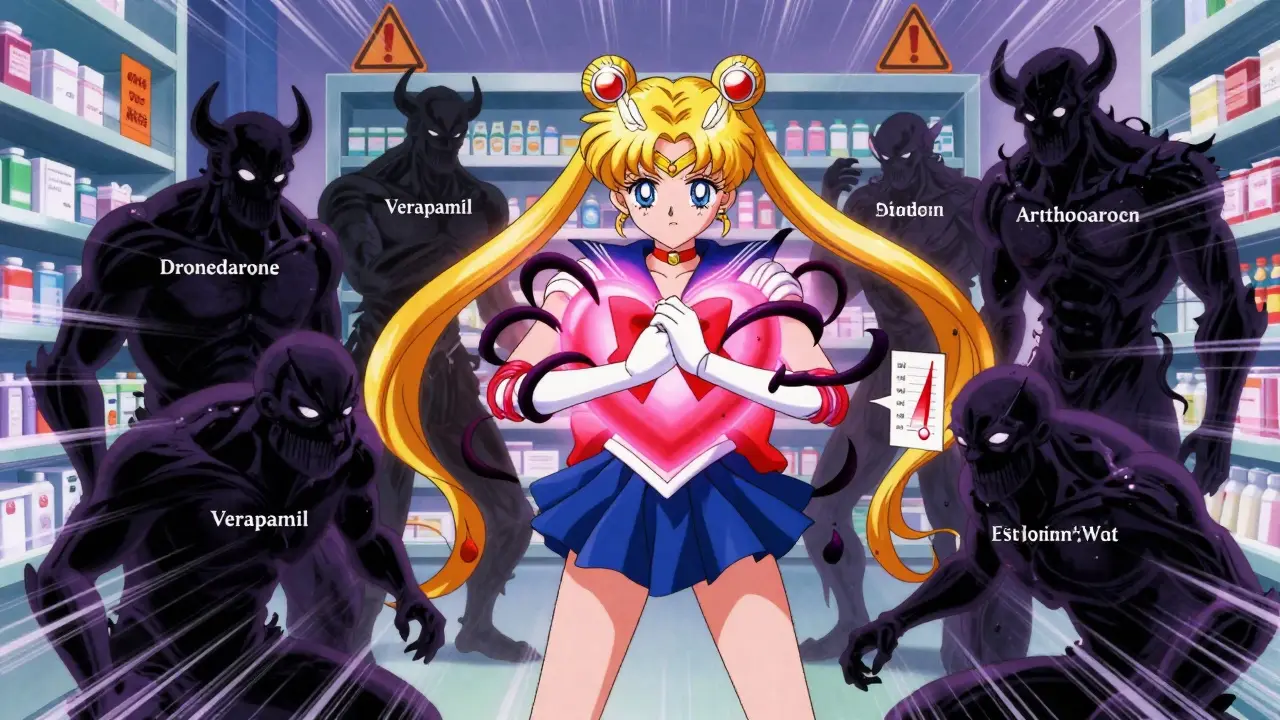 Heart-shaped guardian battling shadowy drug monsters in a glowing pharmacy setting, anime style.
