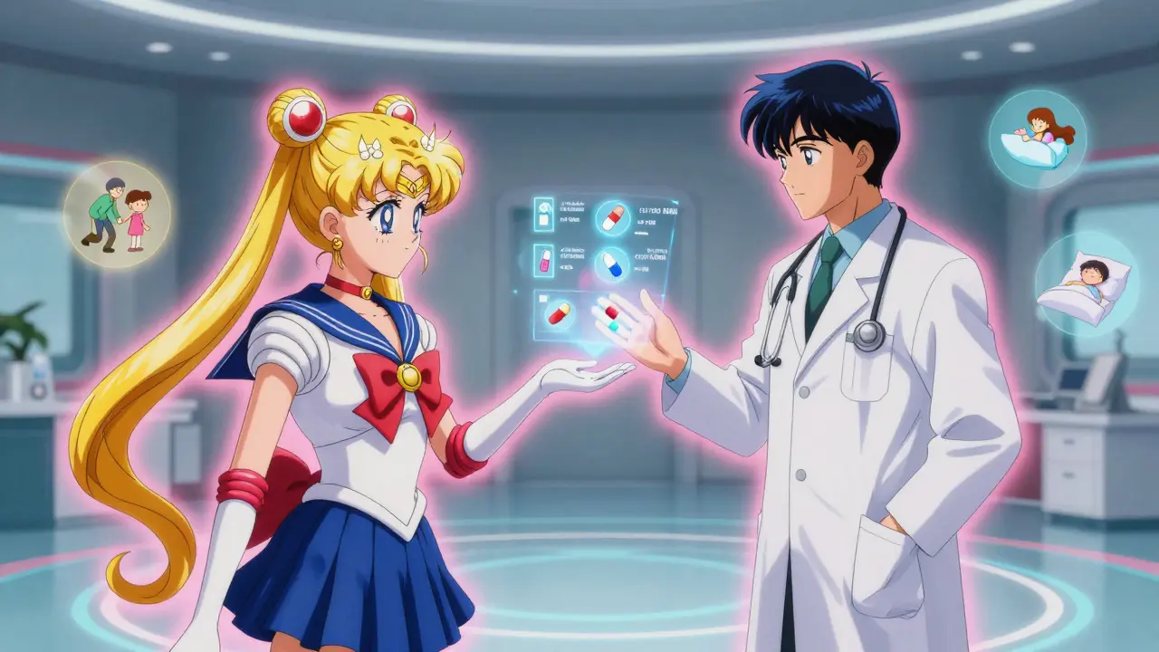 Holographic medication risks hover above a patient's hand as they make a shared decision with their doctor