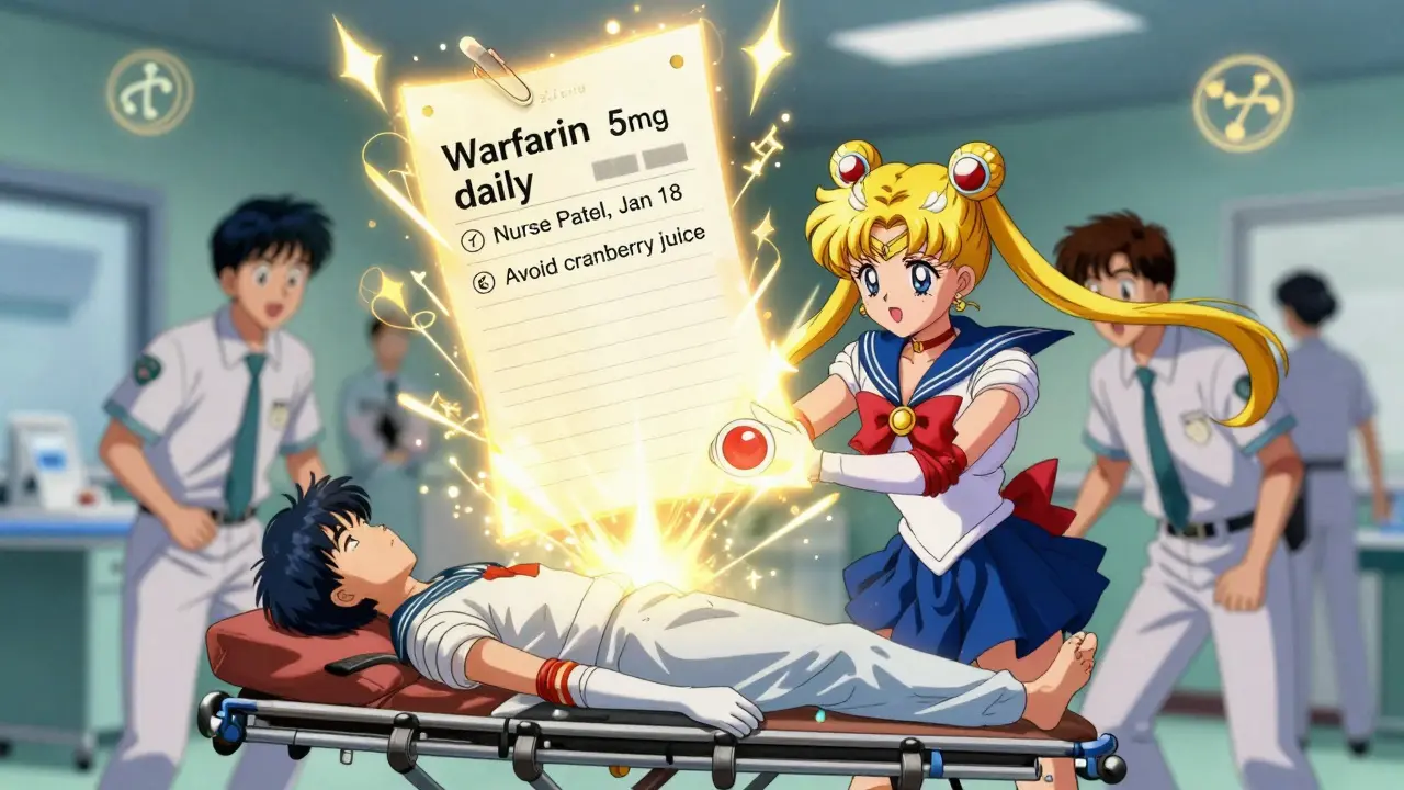 In an emergency room, a glowing medication log radiates protective energy above an unconscious patient, helping medical staff respond.