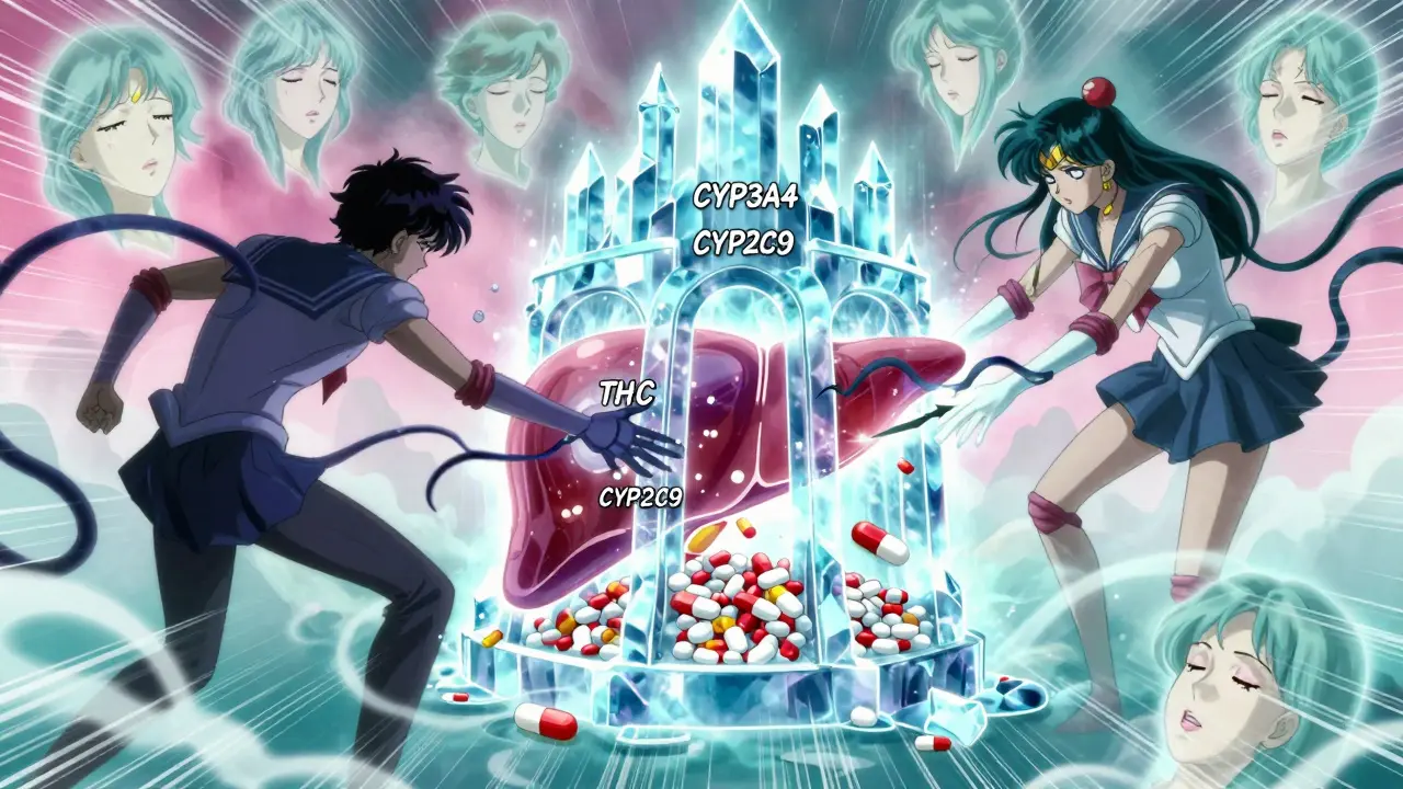 Liver fortress under attack by THC and CBD spirits, blocking enzyme gates as clobazam pills accumulate dangerously.